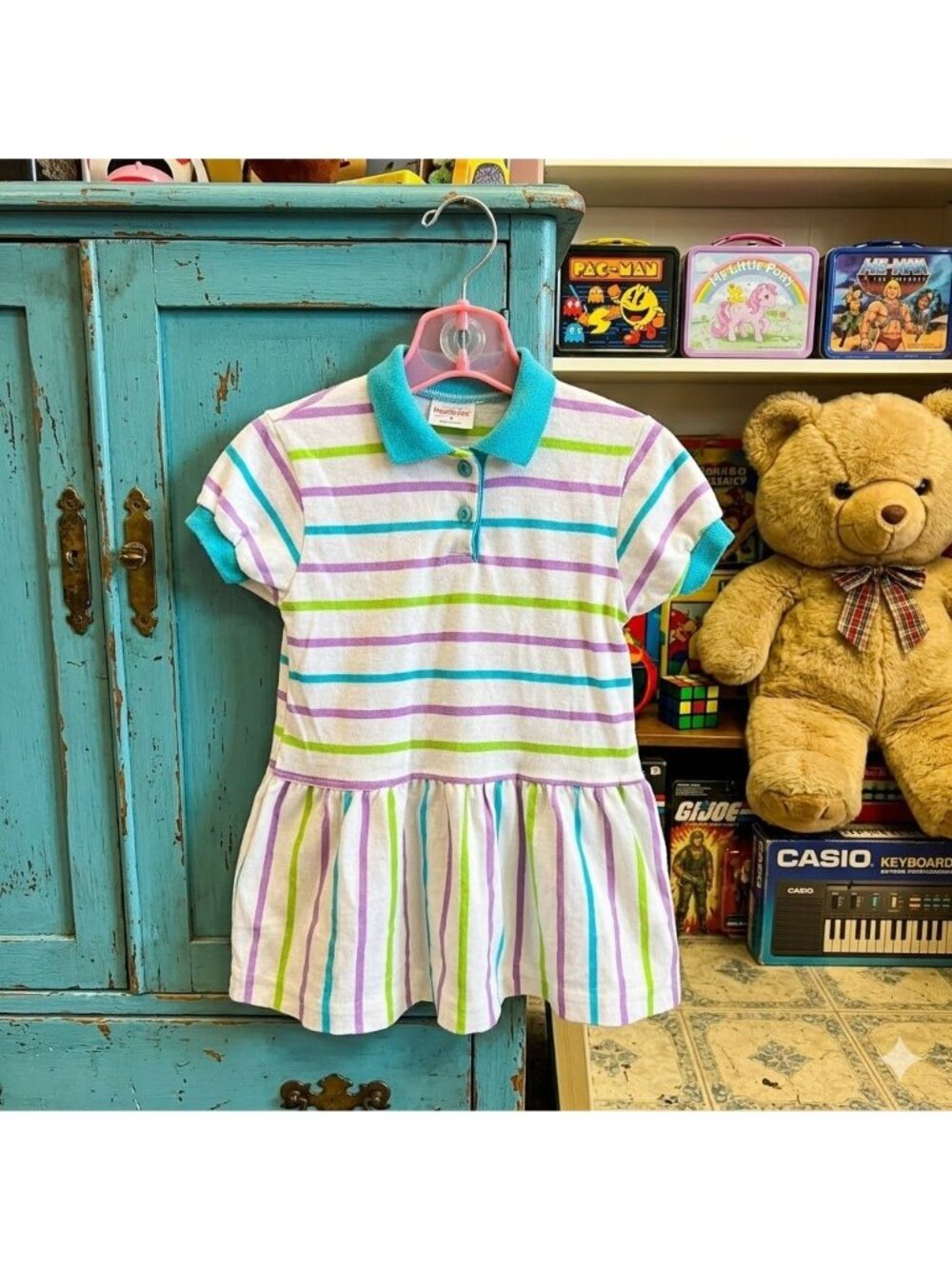 Vintage 80s Retro Kidcore Preppy Health-Tex Girls Pastel Stripe Polo Dress Sz 6